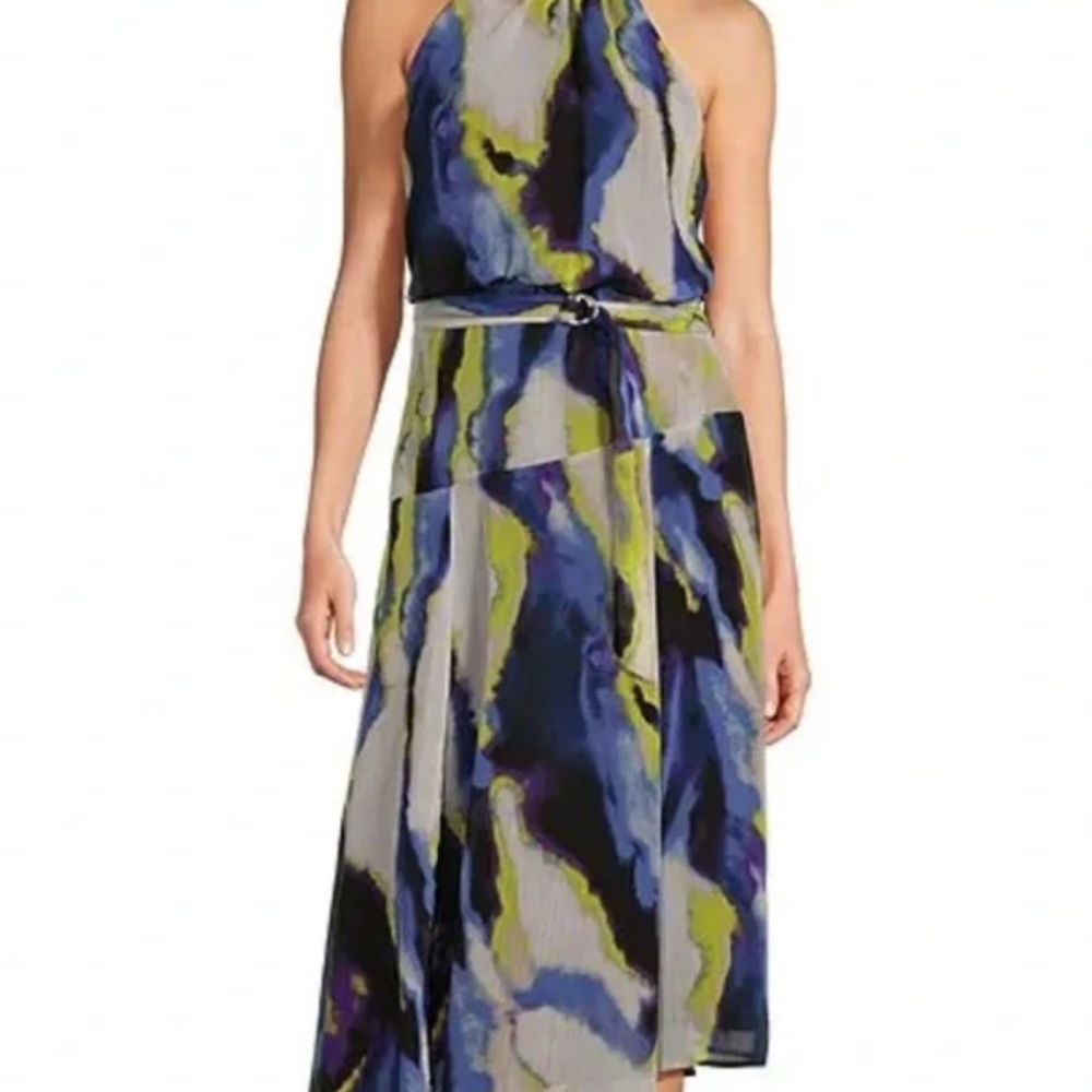 DKNY One-Shoulder Abstract Print Midi Dress in Blue, Green & Black